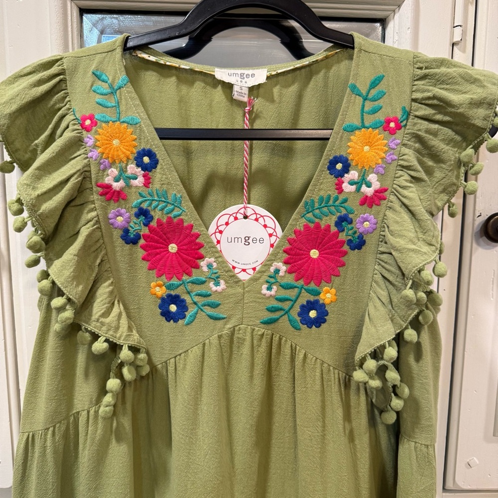Umgee Small Olive Green Tiered Dress with Multicolor Floral Embroidery - Picture 3 of 7